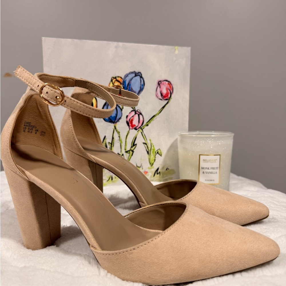 DREAM PAIRS Nude Pointed Toe Ankle Strap Block Heel Pumps Size 10